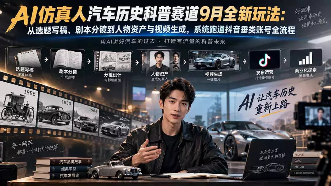 AI仿真人汽车历史科普赛道9月全新玩法：从选题写稿、剧本分镜到人物资产与视频生成，系统跑通抖音垂类账号全流程