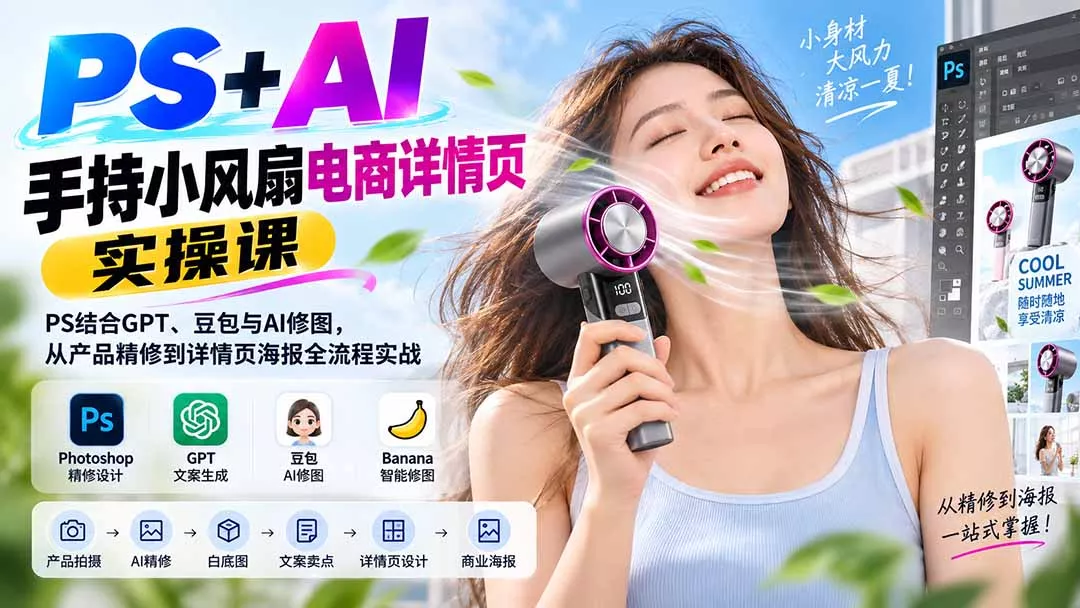 PS+AI手持小风扇电商详情页实操课:PS结合GPT、豆包与AI修图,从产品精修到详情页海报全流程实战-羽哥创业课堂
