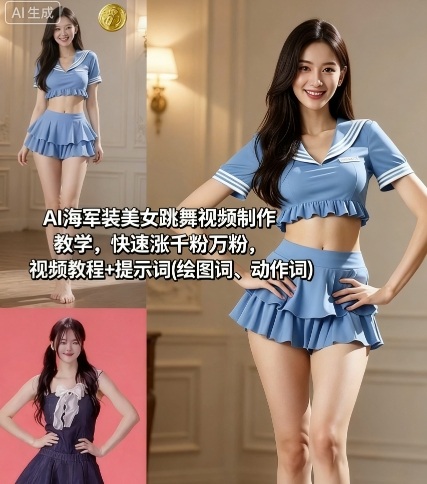 AI海军装美女跳舞视频制作教学，快速涨千粉万粉，视频教程+提示词(绘图词、动作词)-羽哥创业课堂