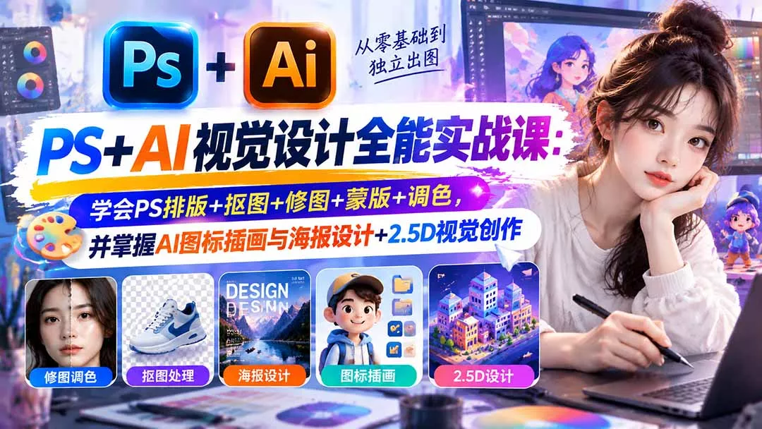 【无水印】PS+AI视觉设计全能实战课：学会PS排版+抠图+修图+蒙版+调色，并掌握AI图标插画与海报设计+2.5D视觉创作-羽哥创业课堂