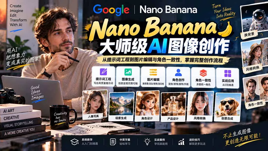 【无水印】Nano Banana大师级AI图像实战课:从提示词工程到图片编辑与角色一致性,掌握完整创作流程-羽哥创业课堂
