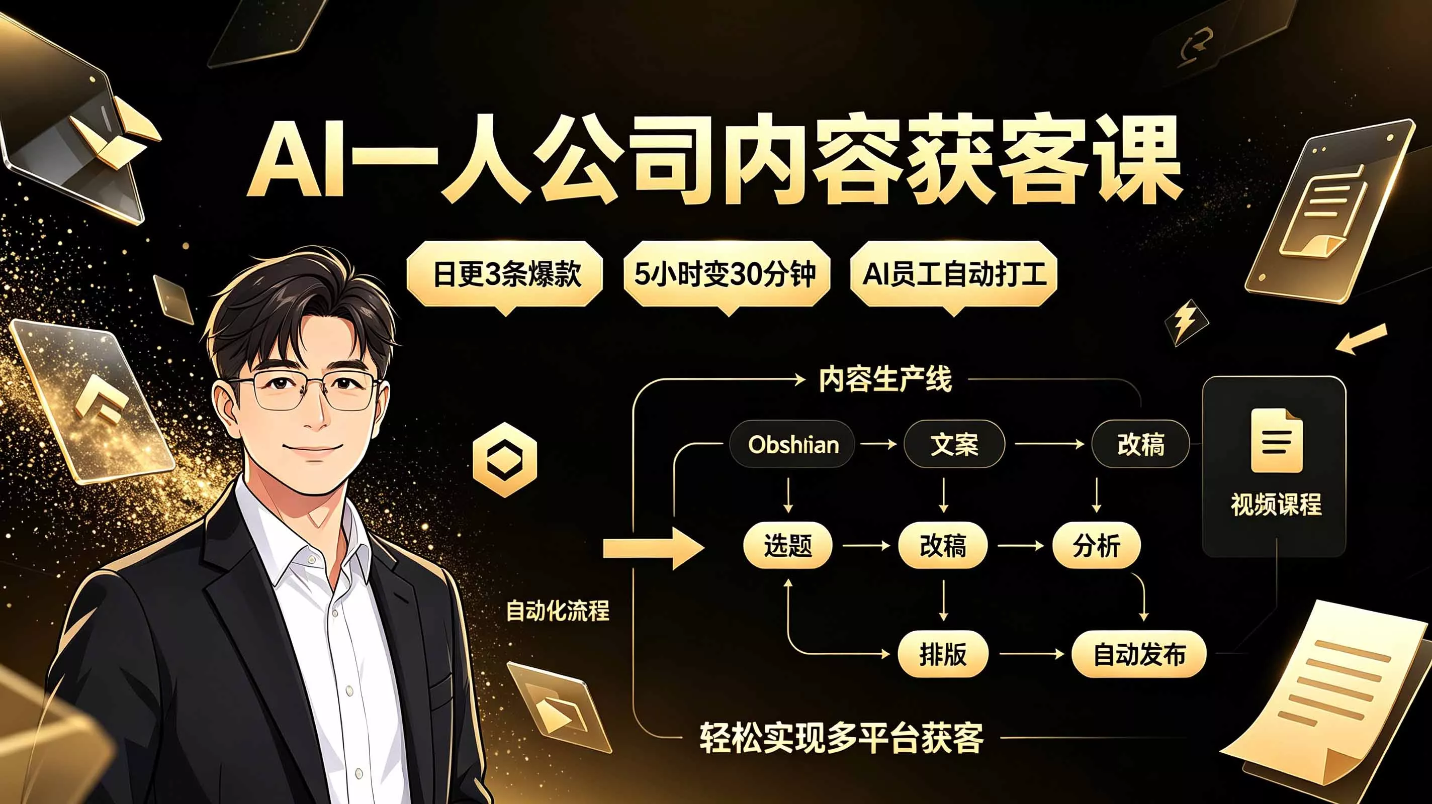 AI一人公司内容获客课：日更3条爆款×5小时变30分钟×AI员工自动打工，轻松实现多平台获客-羽哥创业课堂