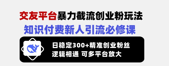 交友平台暴力截流创业粉玩法，知识付费新人引流必修课，日稳定300+精准创业粉丝，逻辑相通可多平台放大-羽哥创业课堂