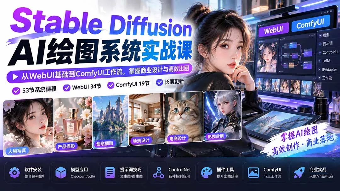【无水印】Stable Diffusion AI绘图系统实战课:从WebUI基础到ComfyUI工作流,掌握商业设计与高效出图-羽哥创业课堂