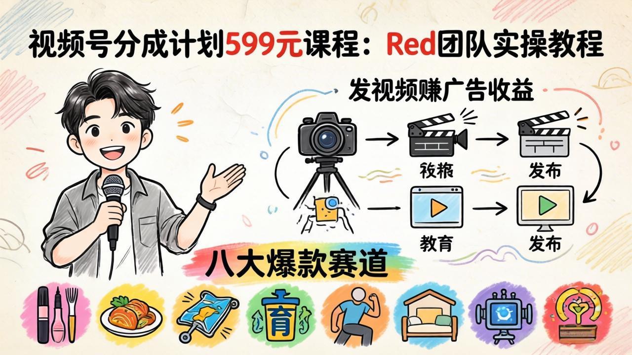 视频号分成计划599元课程：Red团队实操教程，发视频赚广告收益，八大爆款赛道全掌握-羽哥创业课堂