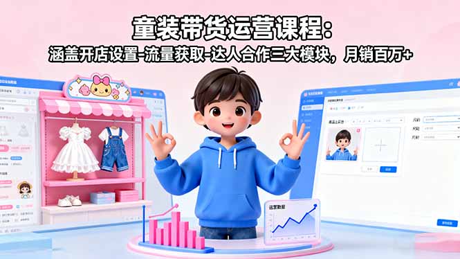 童装带货运营课程:涵盖开店设置-流量获取-达人合作三大模块,月销百万+-羽哥创业课堂