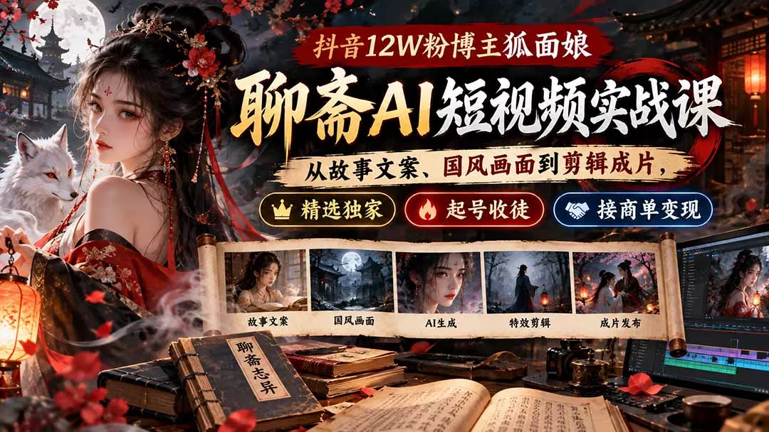 抖音12W粉博主狐面娘-聊斋AI短视频实战课:从故事文案、国风画面到剪辑成片,精选独家+起号收徒+接商单变现-羽哥创业课堂