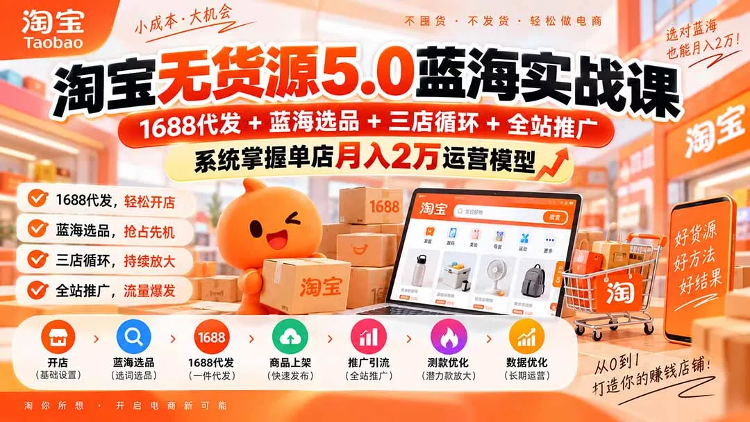 淘宝无货源5.0蓝海实战课-更新:1688代发+蓝海选品+三店循环+全站推广,系统掌握单店月入2万运营模型-羽哥创业课堂