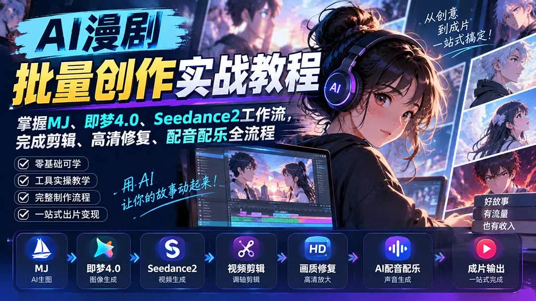AI漫剧批量创作实战教程:掌握MJ、即梦4.0、Seedance2工作流,完成剪辑、高清修复、配音配乐全流程-羽哥创业课堂