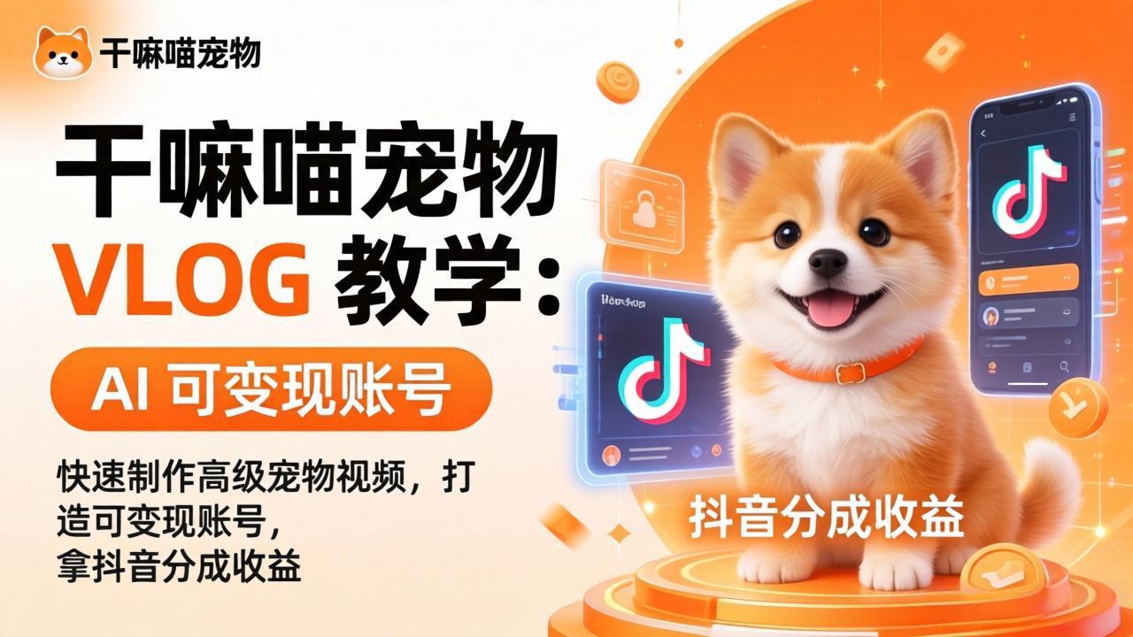 干嘛喵宠物 VLOG 教学:AI 快速制作高级宠物视频,打造可变现账号,拿抖音分成收益-羽哥创业课堂