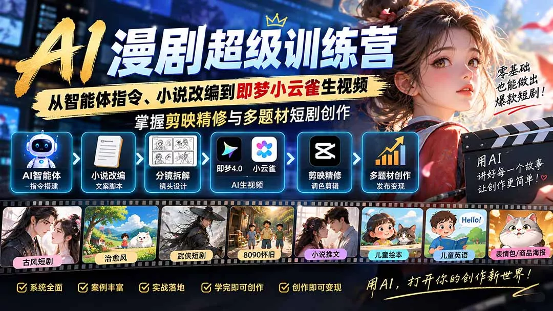 AI漫剧超级特训营:从智能体指令、小说改编到即梦小云雀生视频,掌握剪映精修与多题材短剧创作-羽哥创业课堂