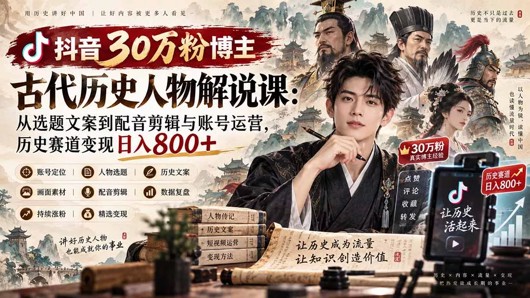 抖音30万粉博主古代历史人物解说课：从选题文案到配音剪辑与账号运营，历史赛道变现日入800+-羽哥创业课堂
