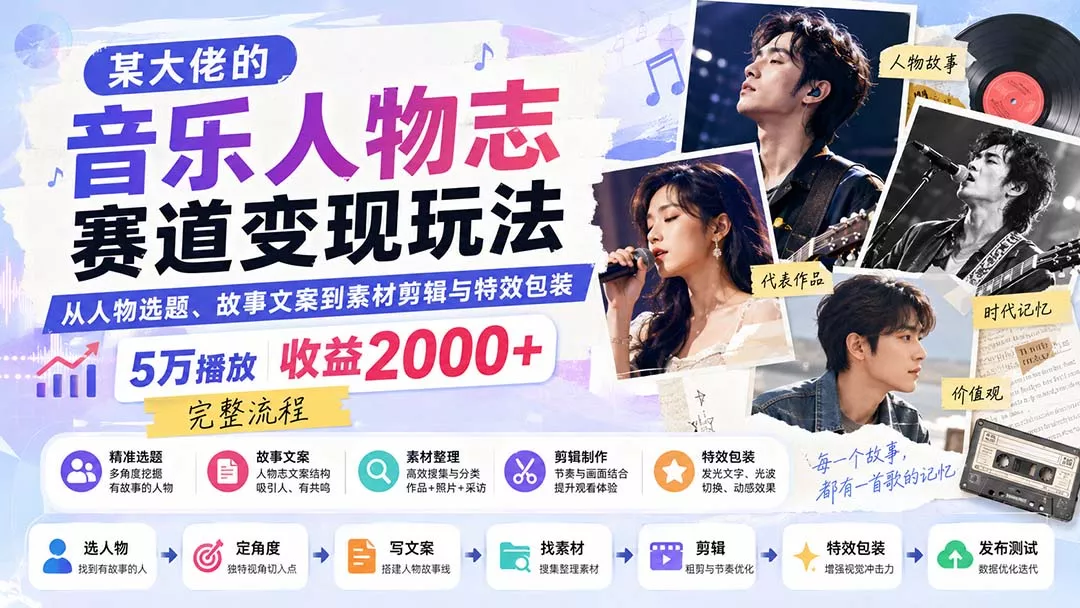某大佬的音乐人物志赛道变现玩法:从人物选题、故事文案到素材剪辑与特效包装,5万播放收益2000+完整流程-羽哥创业课堂