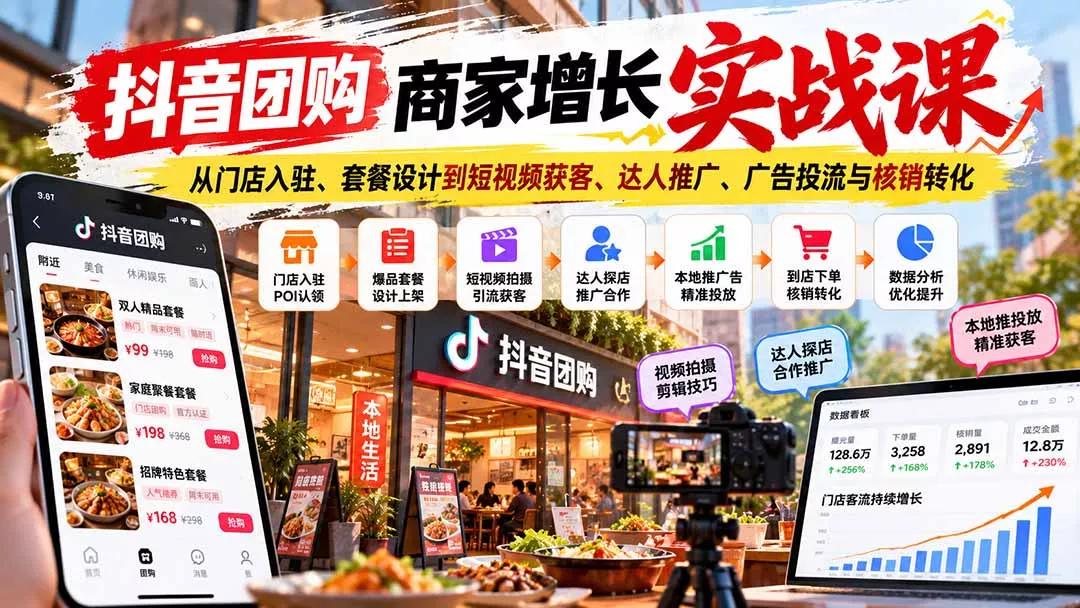 抖音团购商家增长实战课：从门店入驻、套餐设计到短视频获客、达人推广、广告投流与核销转化-羽哥创业课堂