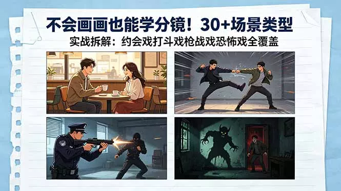 不会画画也能学分镜！30+场景类型实战拆解：约会戏打斗戏枪战戏恐怖戏全覆盖-羽哥创业课堂