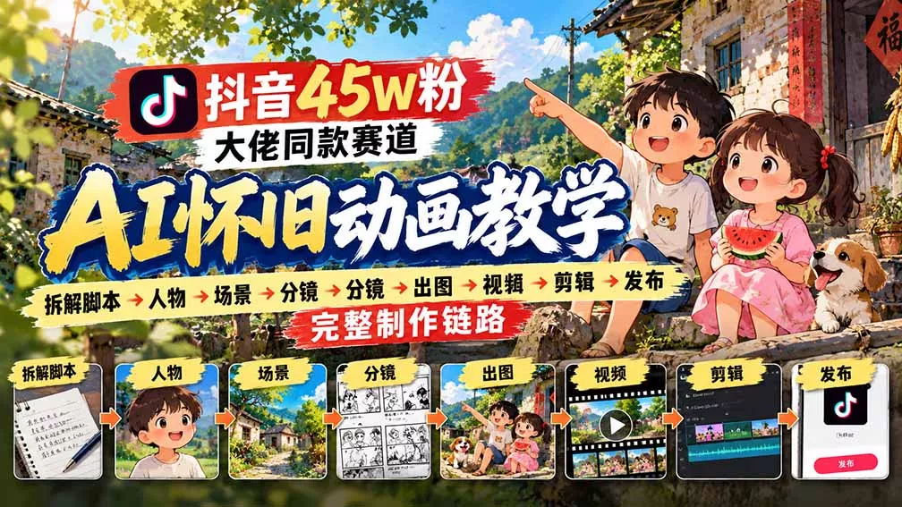 抖音45W粉大佬同款赛道AI怀旧动画教学:拆解脚本→人物→场景→分镜→出图→视频→剪辑→发布完整制作链路-羽哥创业课堂