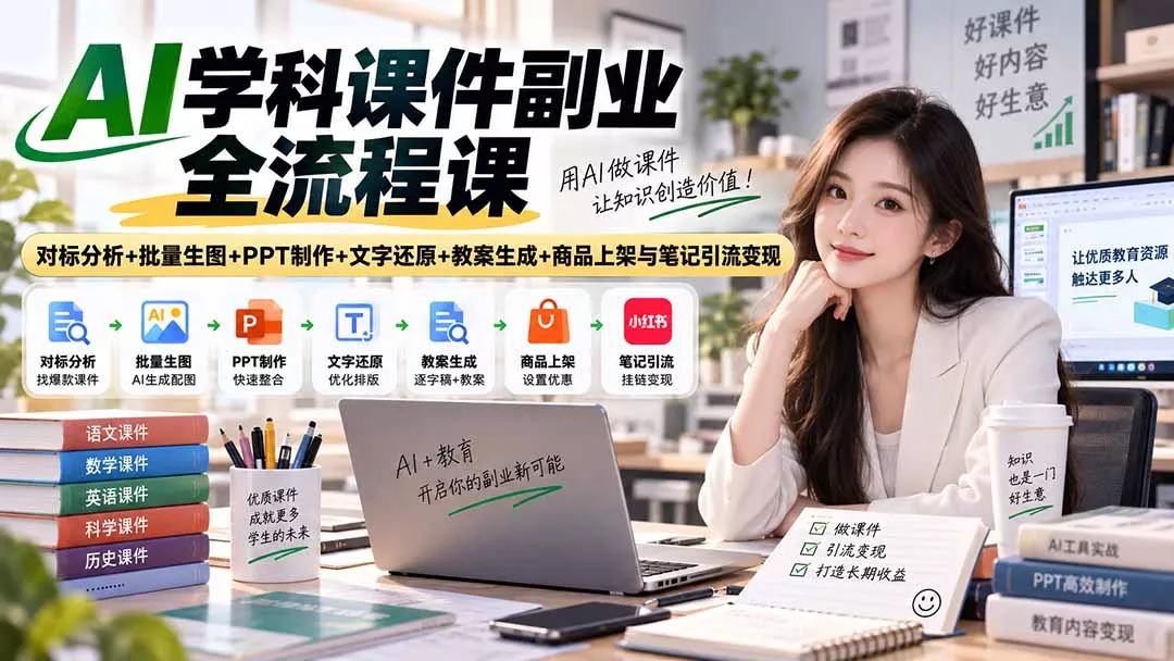 AI学科课件副业全流程课｜对标分析+批量生图+PPT制作+文字还原+教案生成+商品上架与笔记引流变现-羽哥创业课堂