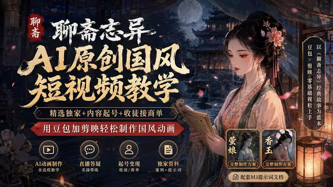 聊斋志异AI原创国风短视频教学；精选独家+内容起号+收徒接商单，用豆包加剪映轻松制作国风动画-羽哥创业课堂