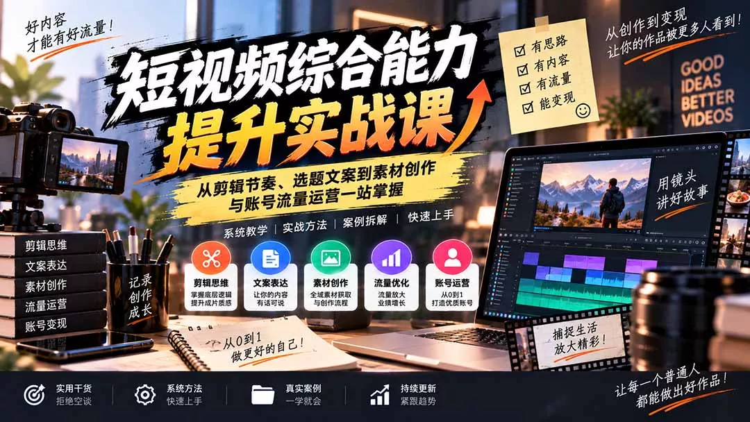 短视频综合能力提升实战课:从剪辑节奏、选题文案到素材创作与账号流量运营一站掌握-羽哥创业课堂