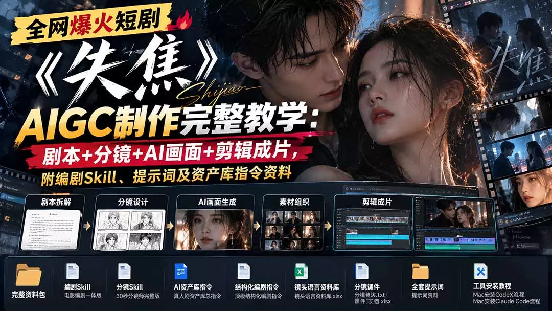 全网爆火短剧《失焦》AIGC制作完整教学：剧本+分镜+AI画面+剪辑成片，附编剧Skill、提示词及资产库指令资料