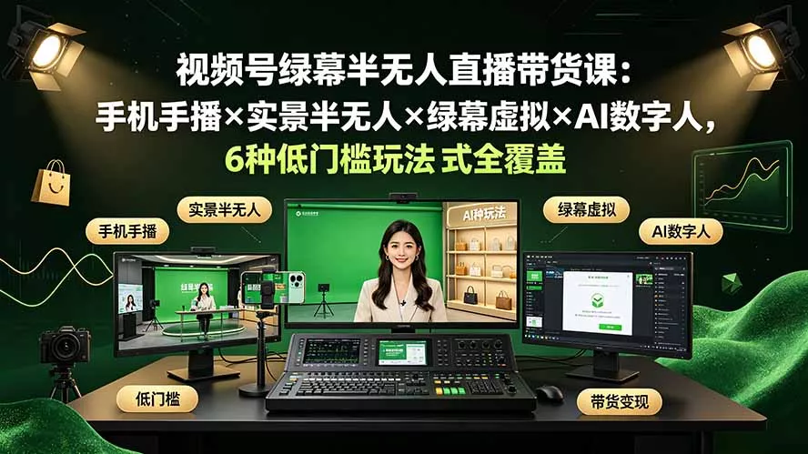 视频号绿幕半无人直播带货课：手机手播×实景半无人×绿幕虚拟×AI数字人，6种低门槛玩法全覆盖-羽哥创业课堂