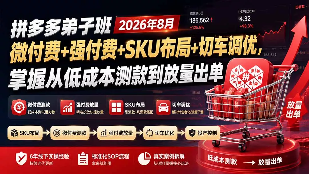 拼多多弟子班2026年8月：微付费+强付费+SKU布局+切车调优，掌握从低成本测款到放量出单
