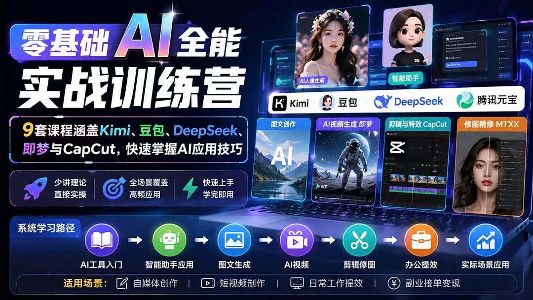 零基础AI全能实战训练营:9套课程涵盖Kimi、豆包、DeepSeek、即梦与CapCut,快速掌握AI应用技巧 零基础AI全能实战训练营:9套课程涵盖Kimi、豆包、DeepSeek、即梦与CapCut,快速掌握AI应用技巧