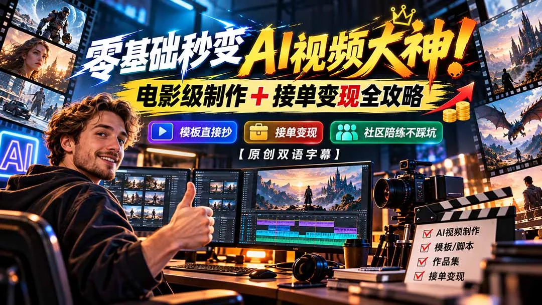 零基础秒变AI视频大神！电影级制作 + 接单变现全攻略，模板直接抄，社区陪练不踩坑【原创双语字幕】-羽哥创业课堂