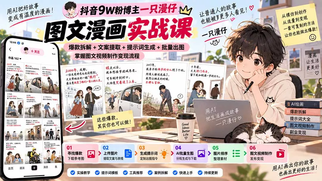 抖音9W粉博主一只漫仔图文漫画课:爆款拆解+文案提取+提示词生成+批量出图,掌握图文视频制作变现流程-羽哥创业课堂