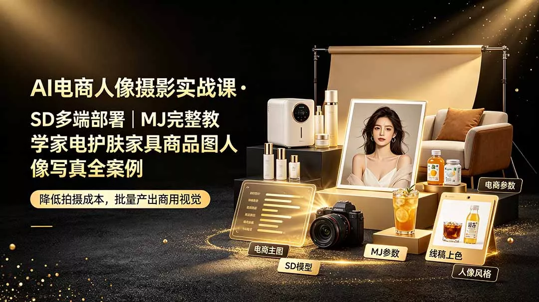 AI电商人像摄影实战课·SD多端部署｜MJ完整教学｜家电护肤家具商品图人像写真全案例-羽哥创业课堂