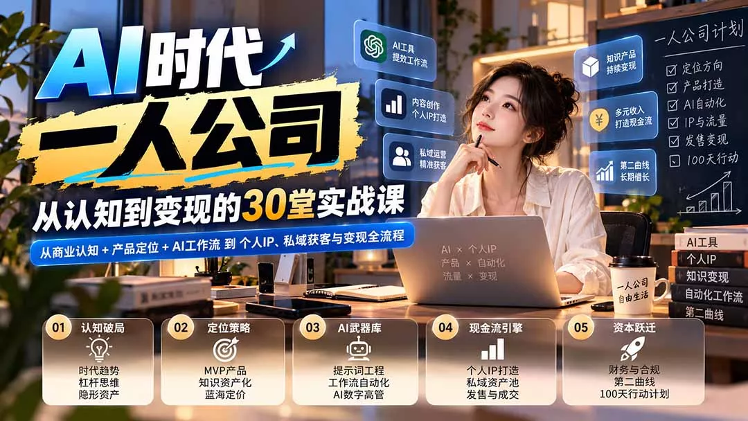 【无水印】AI时代一人公司30堂实战课:从商业认知+产品定位+AI工作流到个人IP、私域获客与变现全流程-羽哥创业课堂
