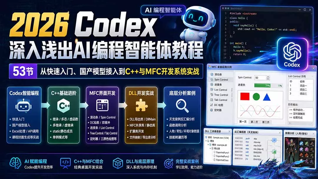 2026 Codex深入浅出AI编程智能体教程:53节从快速入门、国产模型接入到C++与MFC开发系统实战-羽哥创业课堂