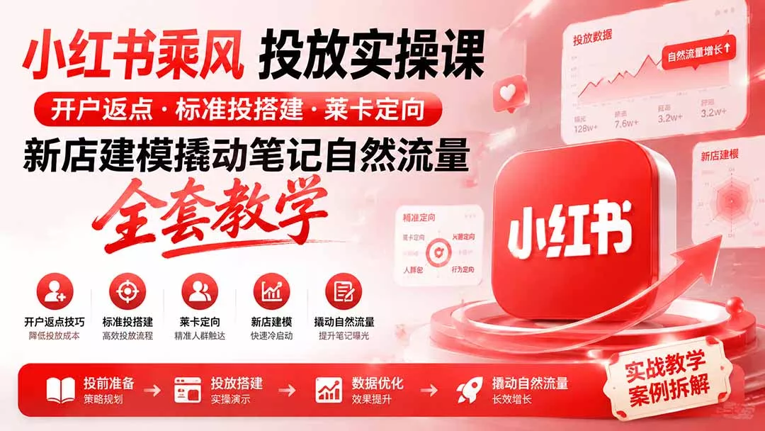 小红书乘风投放-100分钟实操课｜开户返点·标准投搭建·莱卡定向，新店建模撬动笔记自然流量全套教学