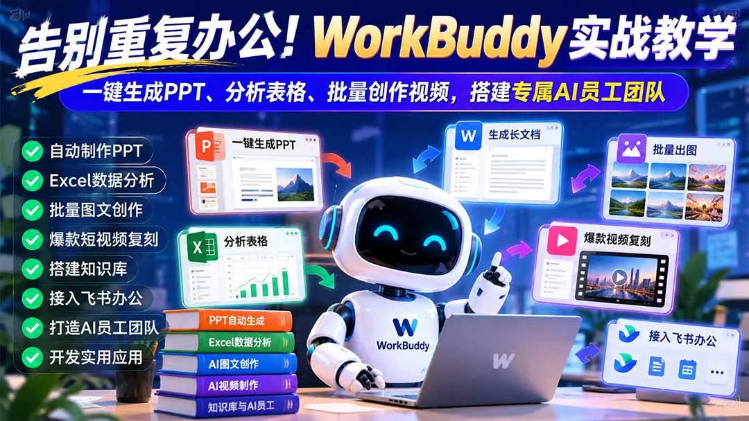 告别重复办公!WorkBuddy实战教学:一键生成PPT、分析表格、批量创作视频,搭建专属AI员工团队 告别重复办公!WorkBuddy实战教学:一键生成PPT、分析表格、批量创作视频,搭建专属AI员工团队