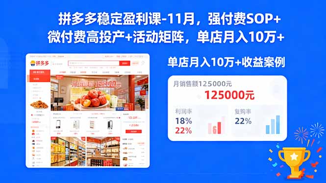拼多多稳定盈利课-11月,强付费SOP+微付费高投产+活动矩阵,单店月入10w+-羽哥创业课堂