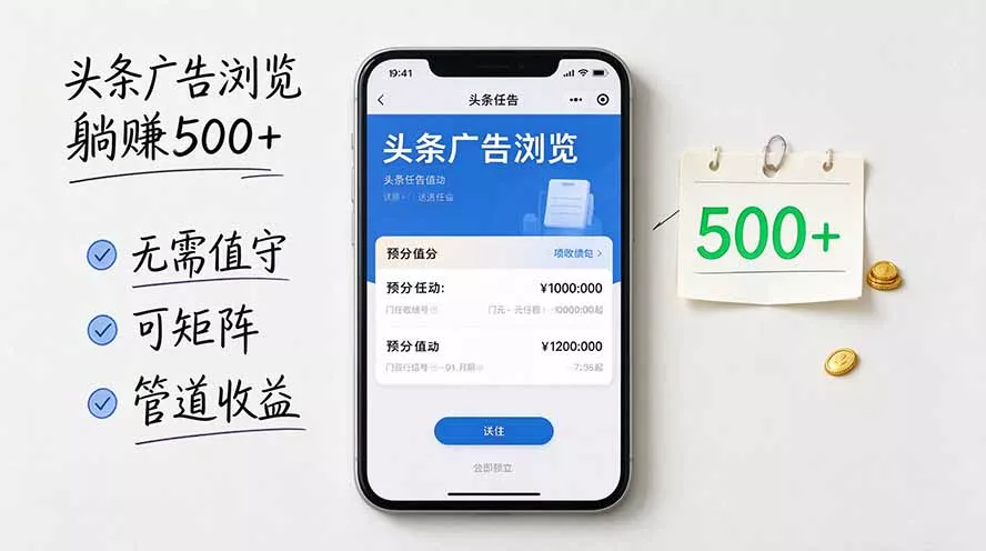 头条广告浏览躺赚500+无需值守,可矩阵并附有管道收益-羽哥创业课堂