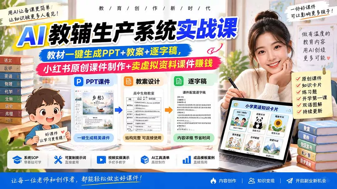 AI教辅生产系统实战课｜教材一键生成PPT+教案+逐字稿，小红书原创课件制作+卖虚拟资料课件赚钱-羽哥创业课堂