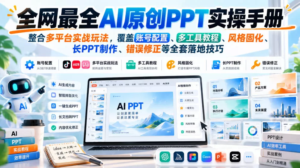 全网最全AI原创PPT实操手册，整合多平台实战玩法，覆盖账号配置、多工具教程、风格固化、长PPT制作、错误修正等全套落地技巧-羽哥创业课堂