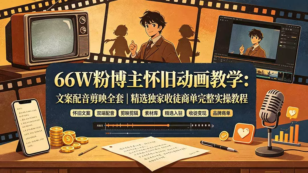 66W粉博主怀旧动画教学：文案配音剪映全套｜精选独家收徒商单完整实操教程-羽哥创业课堂