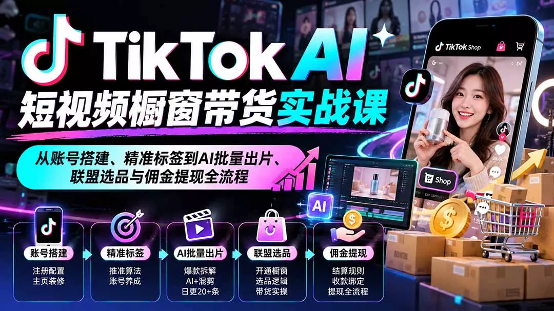 TikTok AI短视频橱窗带货实战课：从账号搭建、精准标签到AI批量出片、联盟选品与佣金提现全流程-羽哥创业课堂