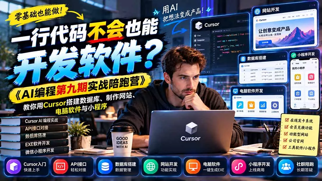 一行代码不会也能开发软件?《AI编程第九期实战陪跑营》教你用Cursor搭建数据库、制作网站、电脑软件与小程序 一行代码不会也能开发软件?《AI编程第九期实战陪跑营》教你用Cursor搭建数据库、制作网站、电脑软件与小程序