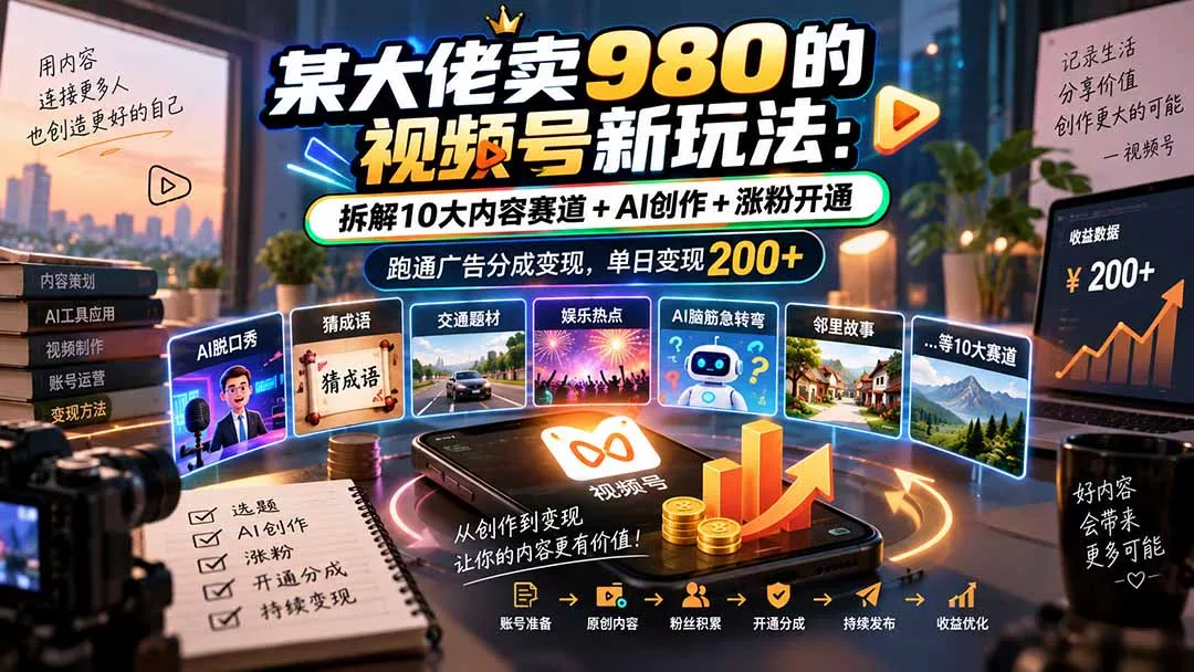 某大佬卖980的视频号新玩法:拆解10大内容赛道+AI创作+涨粉开通,跑通广告分成变现,单日变现200+-羽哥创业课堂