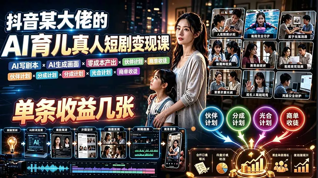 AI育儿真人短剧变现课：AI写剧本×AI生成画面×零成本产出×伙伴计划×分成计划×光合计划×商单收徒-羽哥创业课堂