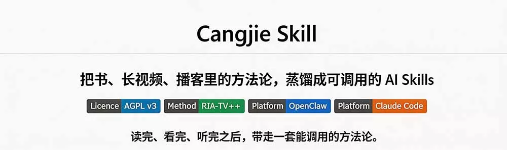 全网走红！GitHub上6.7K Star的开源项目，把任何书、长视频、播客蒸馏成AI工具，值得收藏 cangjie-skill