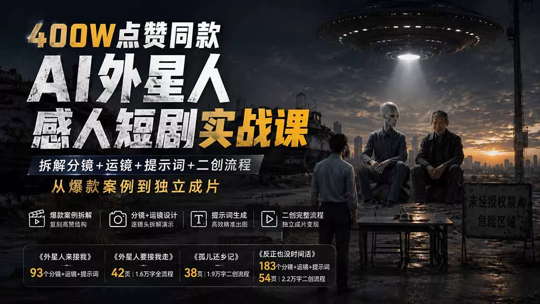 400W点赞同款AI外星人感人短剧实战课:拆解分镜+运镜+提示词+二创流程,从爆款案例到独立成片-羽哥创业课堂