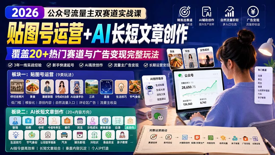 公众号流量主双赛道实战课：贴图号运营+AI长短文章创作，覆盖20+热门赛道与广告变现完整玩法-羽哥创业课堂