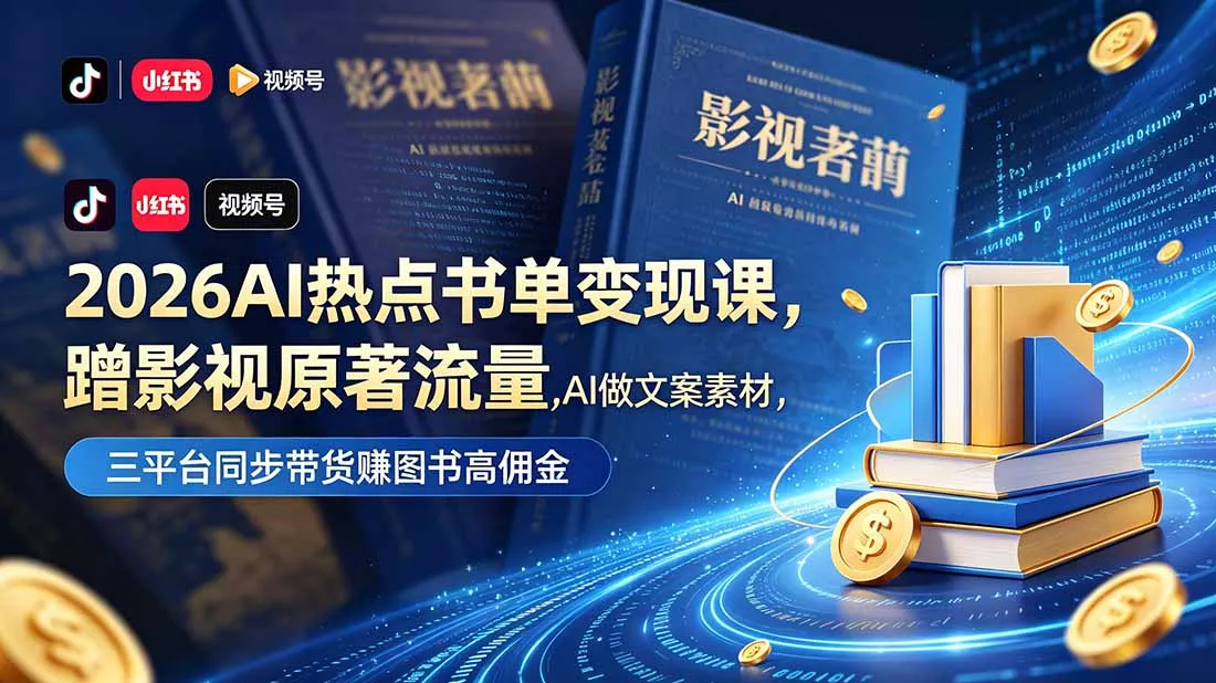 2026AI热点书单变现课，蹭影视原著流量，AI做文案素材，三平台同步带货赚图书高佣金