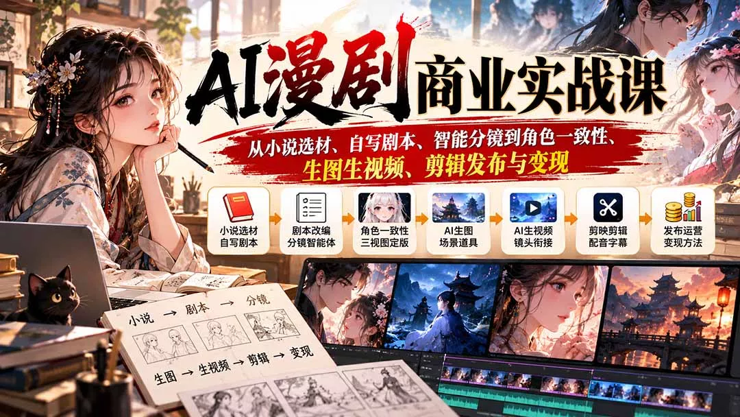 AI漫剧商业实战课：从小说选材、自写剧本、智能分镜到角色一致性、生图生视频、剪辑发布与变现-羽哥创业课堂