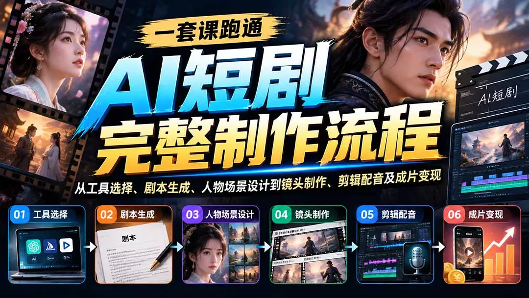 一套课跑通AI短剧完整制作流程:从工具选择、剧本生成、人物场景设计到镜头制作、剪辑配音及成片变现-羽哥创业课堂