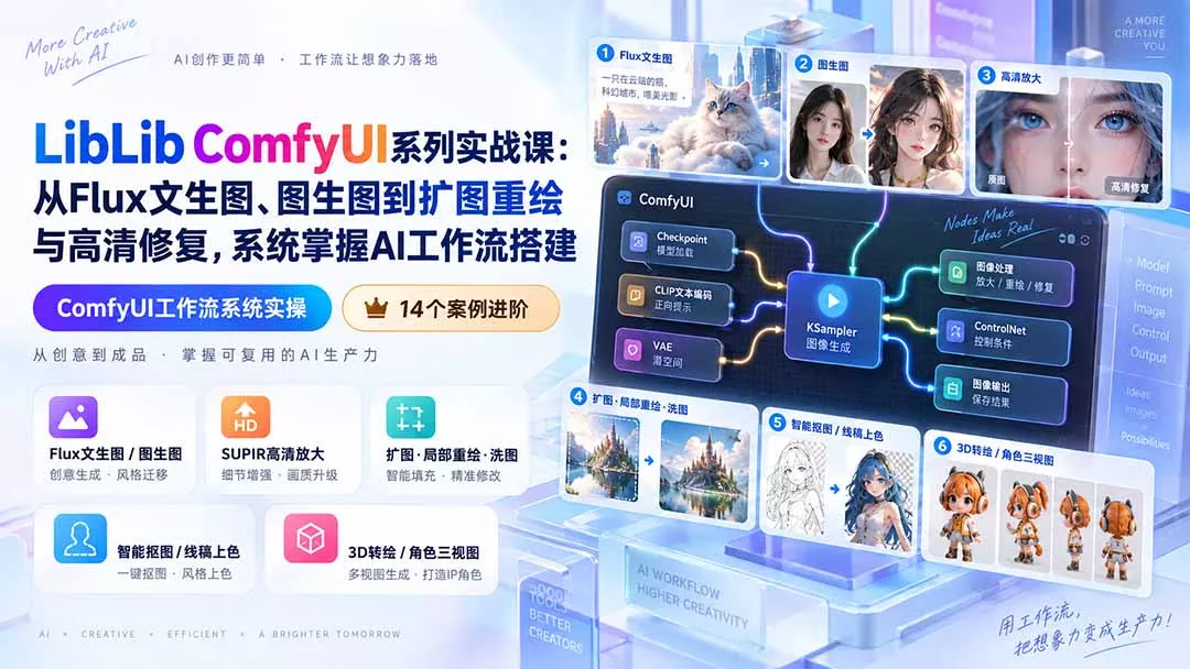 LibLib ComfyUI系列实战课:从Flux文生图、图生图到扩图重绘与高清修复,系统掌握AI工作流搭建-羽哥创业课堂